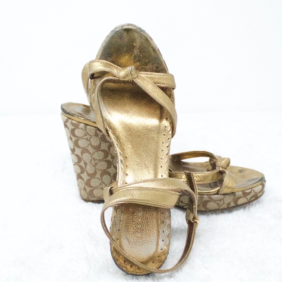COACH Cathleen Sandals Brown Bronze Gold Wedge 6 - Picture 7 of 8